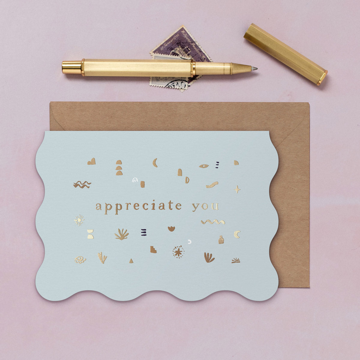 A thank you card featuring luxe stamped gold foil details from the Cosmique range of greeting cards from Sister Paper Co.