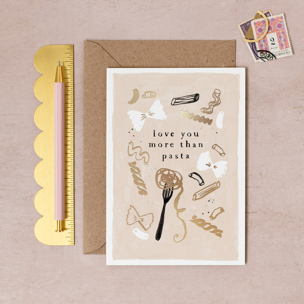 A love card with with gold foil pasta details from Sister Paper Co.