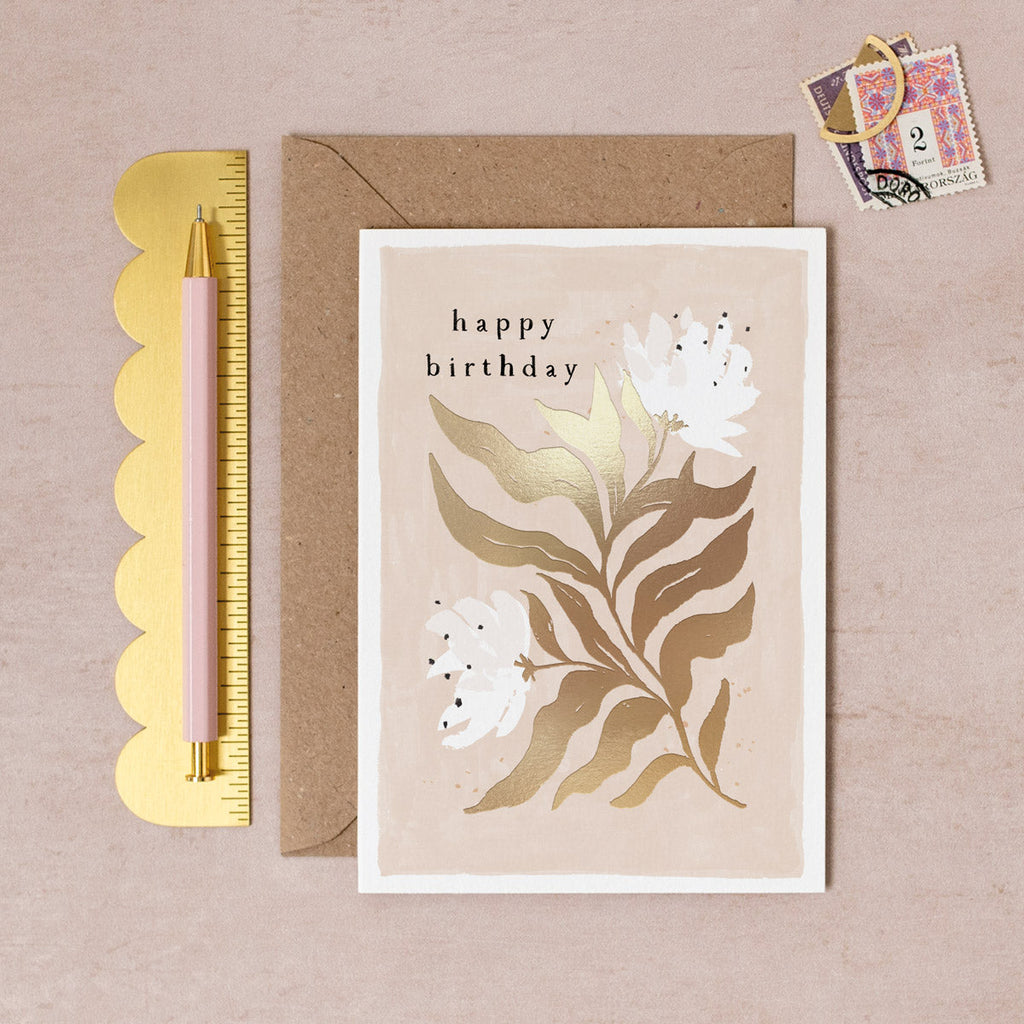 A floral birthday card with gold foil details from Sister Paper Co.