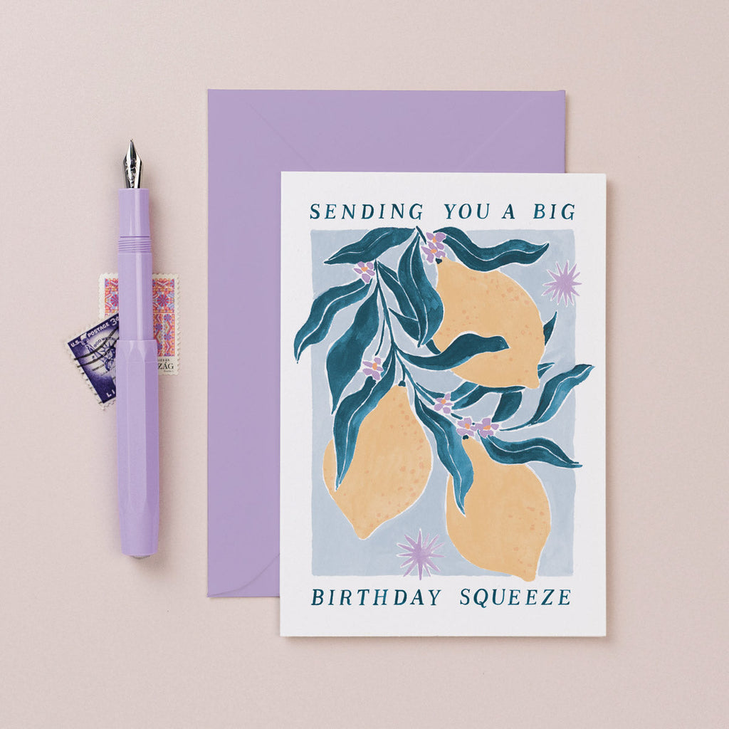 A stylish lemons illustration on a birthday card from the female birthday card collection at Sister Paper Co.