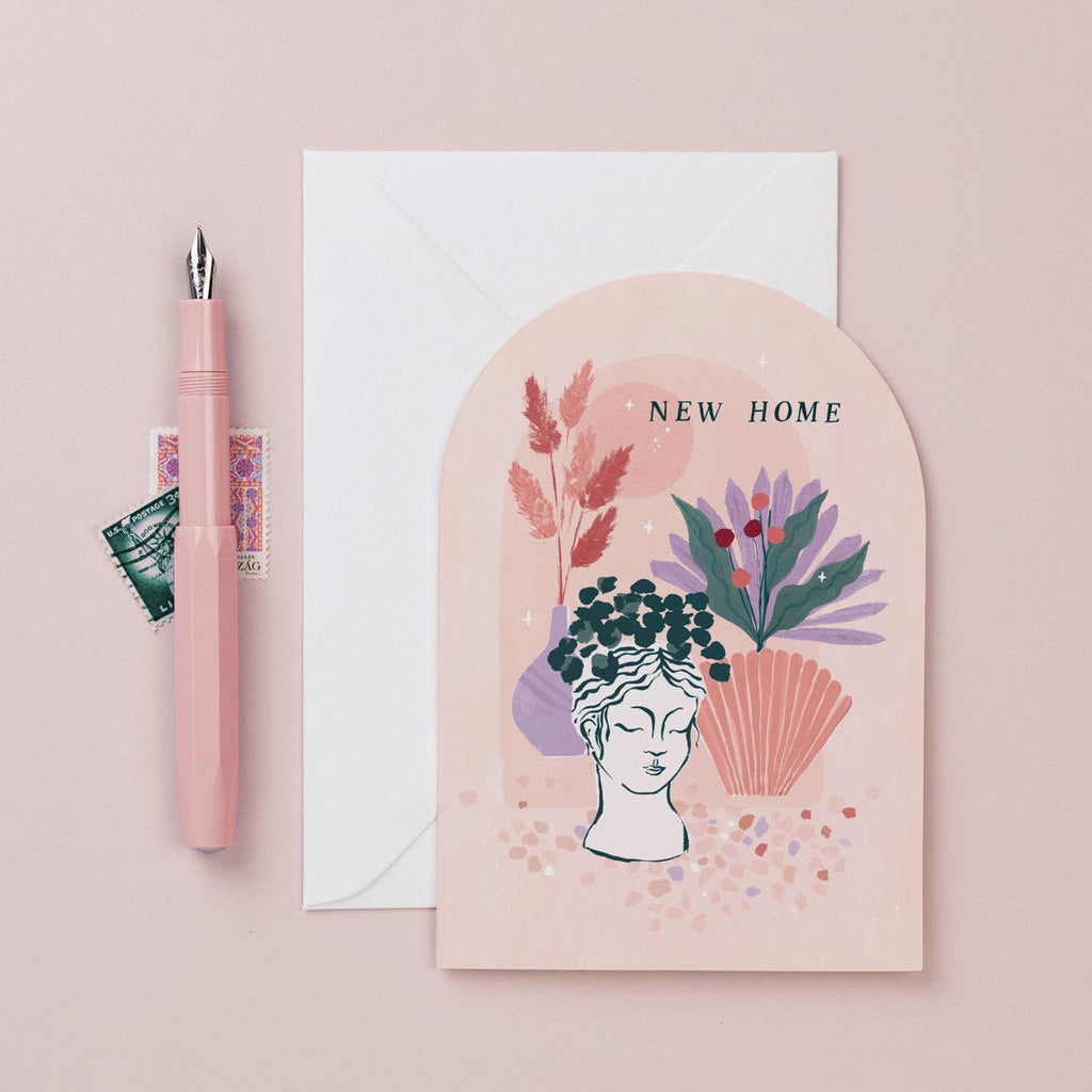 A stylish new home card with dried flowers and vase illustration on a new apartment card from the new home card collection at Sister Paper Co.