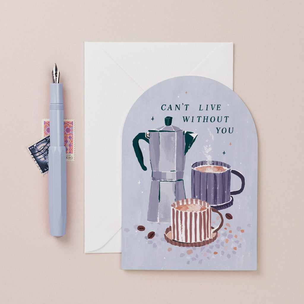 A love or anniversary card featuring an illustration of coffee mugs and coffee pot from the occasions card collection at Sister Paper Co.