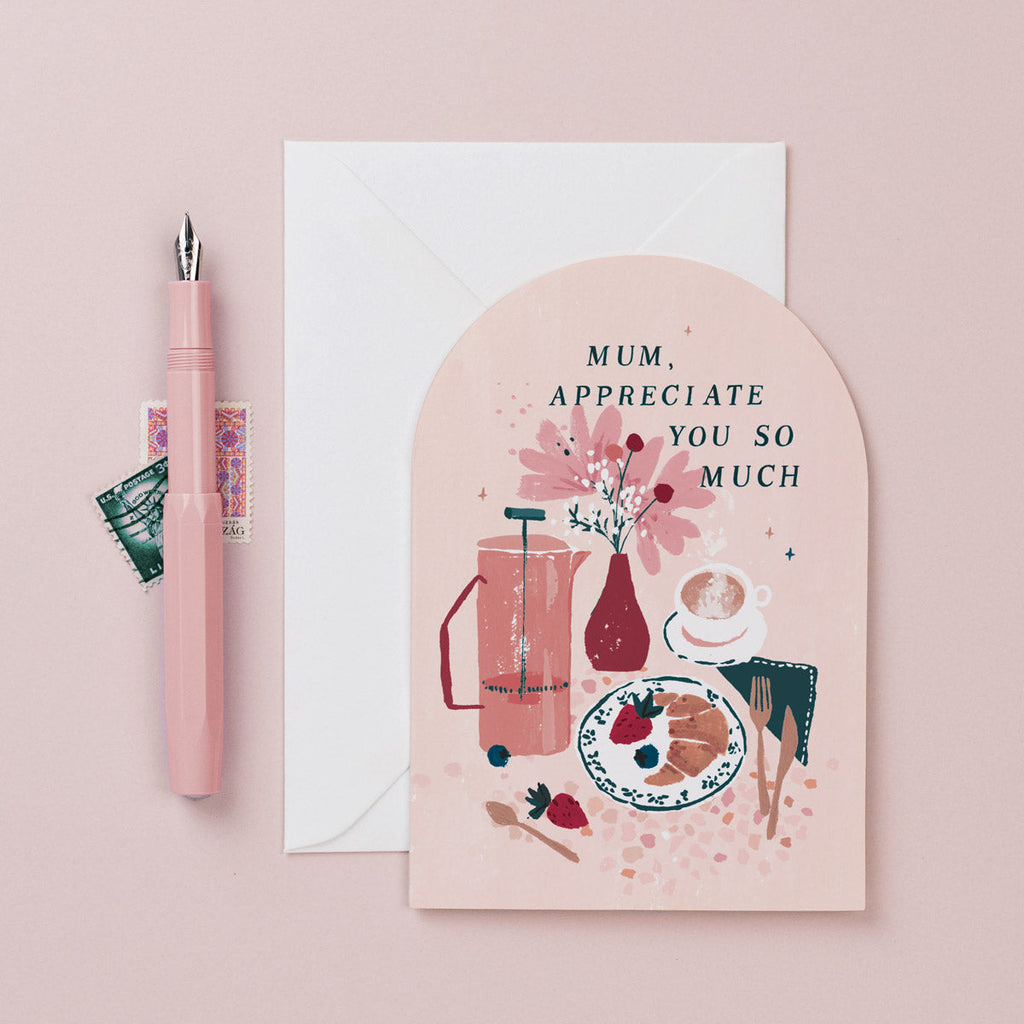A card for Mum featuring an illustration of brunch and coffee from the female birthday card collection at Sister Paper Co.