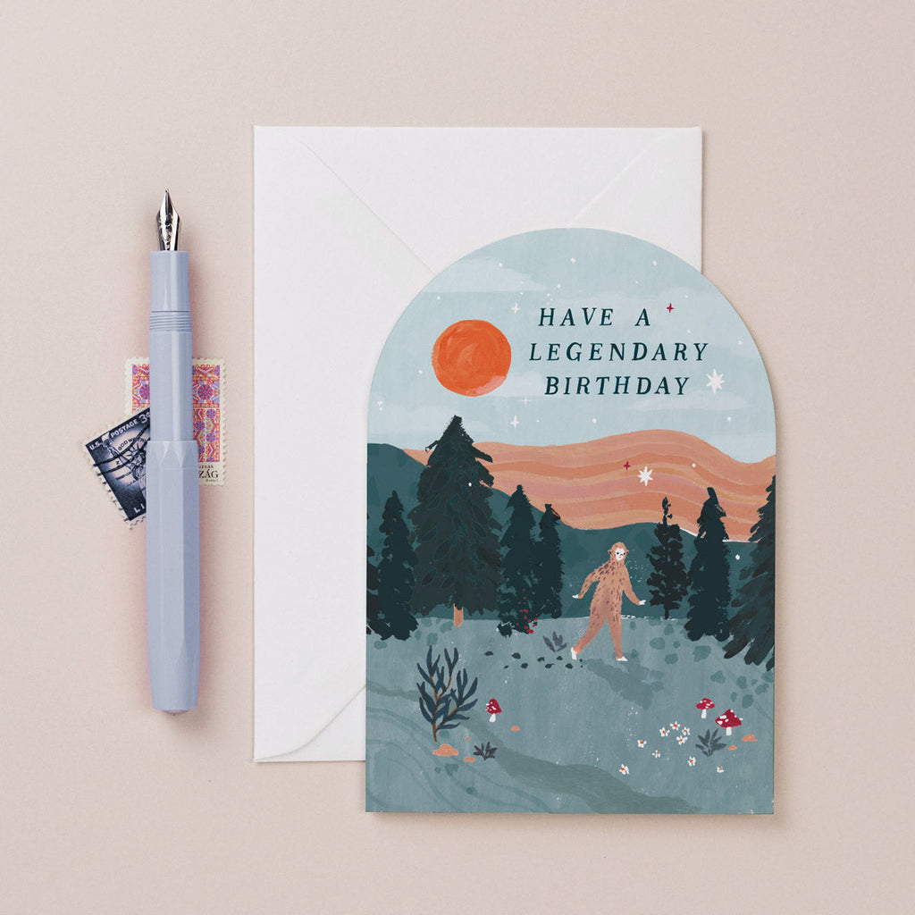A unique birthday card featuring an illustration of bigfoot from the birthday card collection at Sister Paper Co.