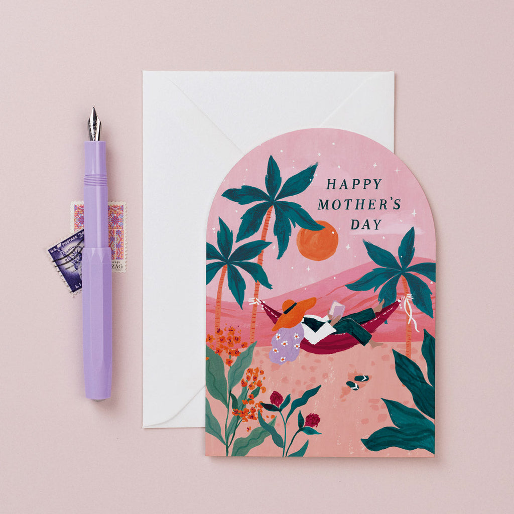 A Mother's Day card for Mum featuring an illustration of hammock and sunset from the Mother's Day card collection at Sister Paper Co.