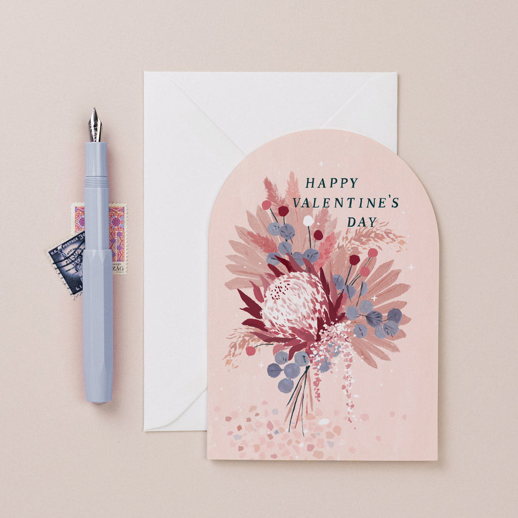 A Valentine's card for her featuring an illustration of modern, dried flower bouquet from the Valentine's Day card collection at Sister Paper Co.