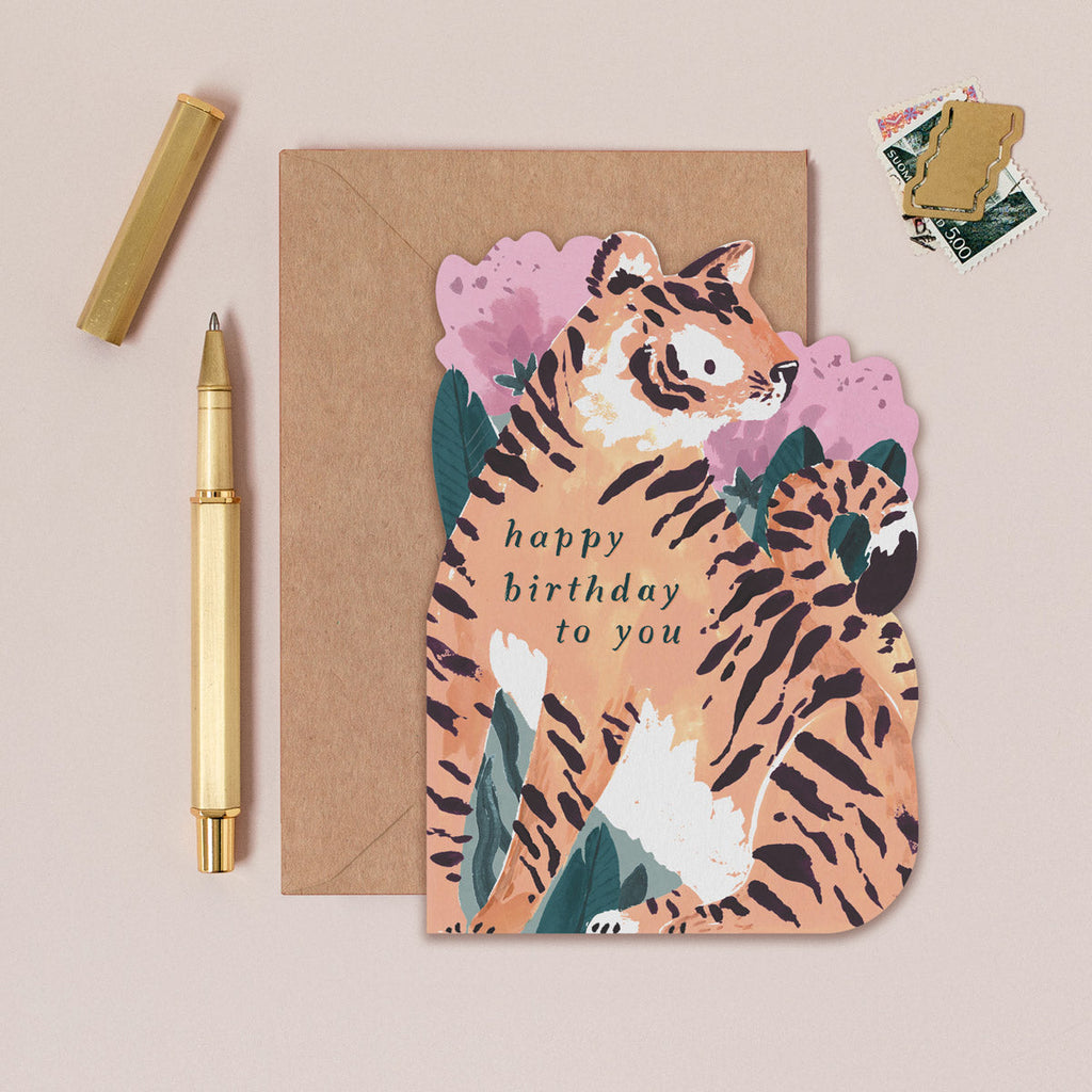 A tiger birthday card cut into a unique shape from Sister Paper Co.