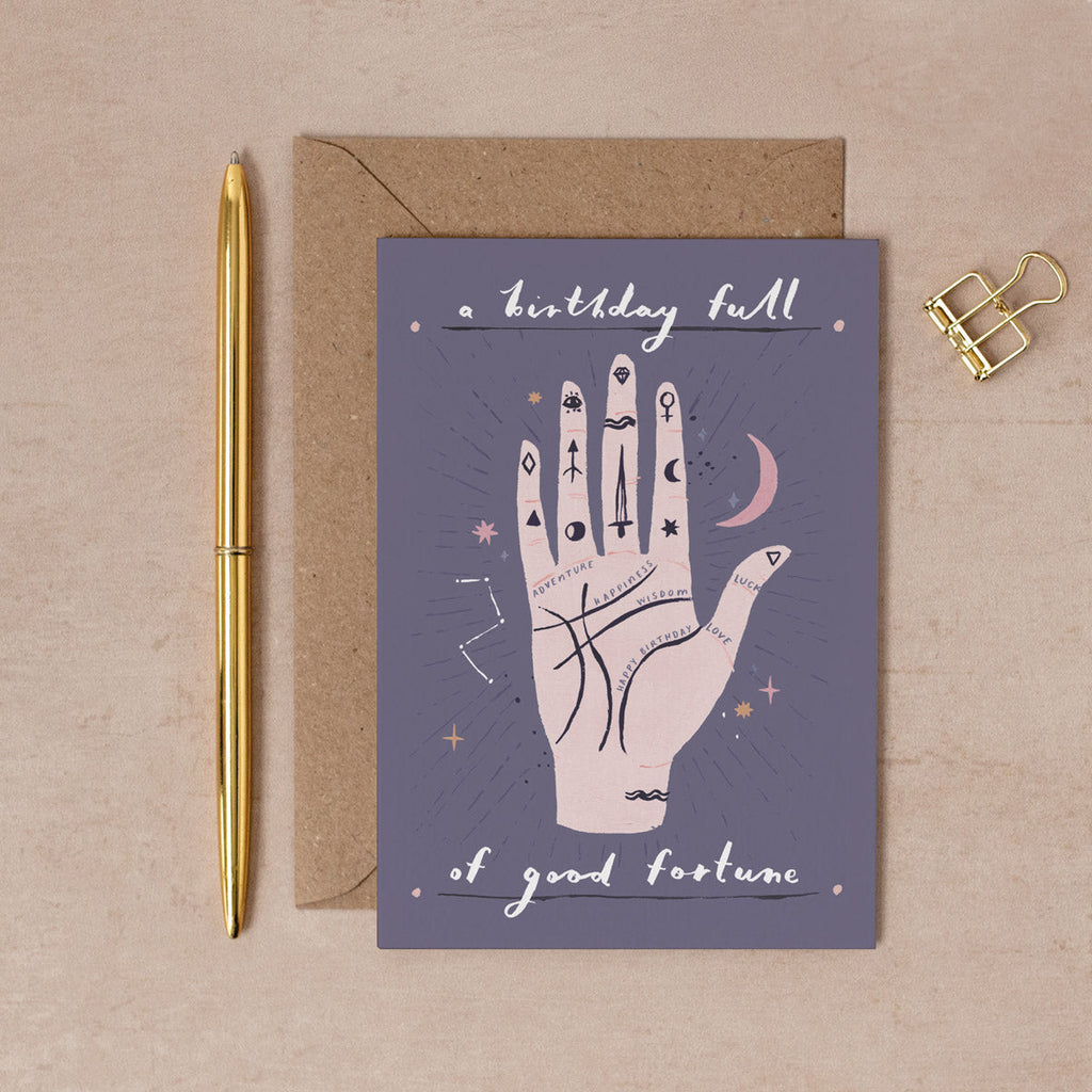A palmistry illustration with stars on a friend birthday card from the female birthday card collection at Sister Paper Co.