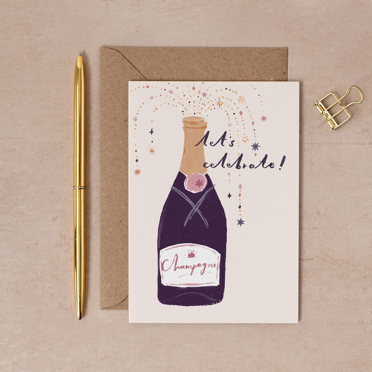 A bottle of champagne or prosecco on a female friend birthday card from the womens birthday card collection at Sister Paper Co.