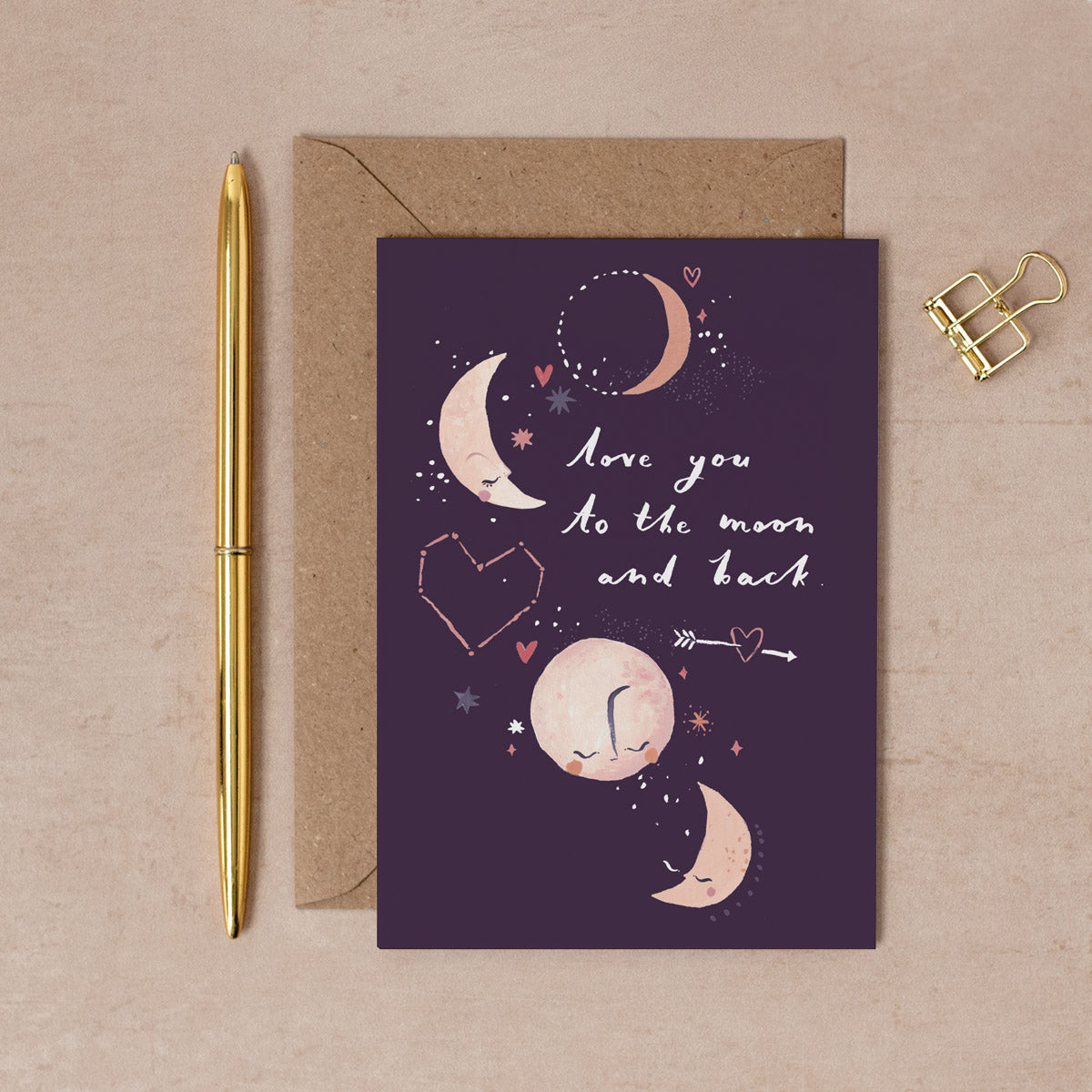 Illustrated love and Valentine's Day Card with a cosmic touch reading "Love you to the moon and back" from the Occasions collection at Sister Paper Co. 