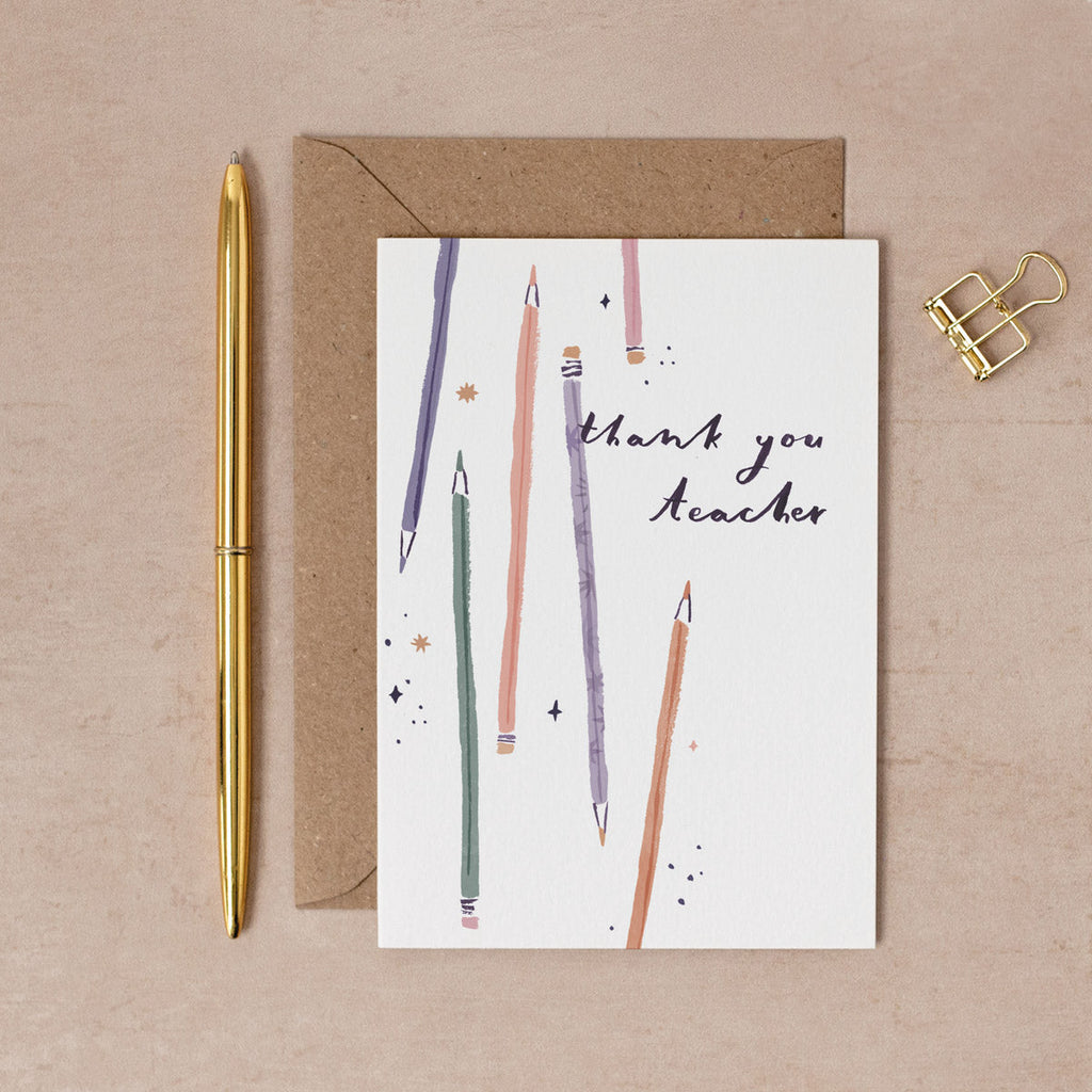 A teacher card with illustrated colour pencils. From the Solstice collection at Sister Paper Co.