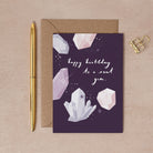 A birthday card with delicately illustrated gems and crystals. From the Solstice collection at Sister Paper Co.