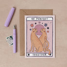 A handmade tarot style card with illustrated leopards and perfect together hand lettering on an anniversary card from the wedding card collection at Sister Paper Co.