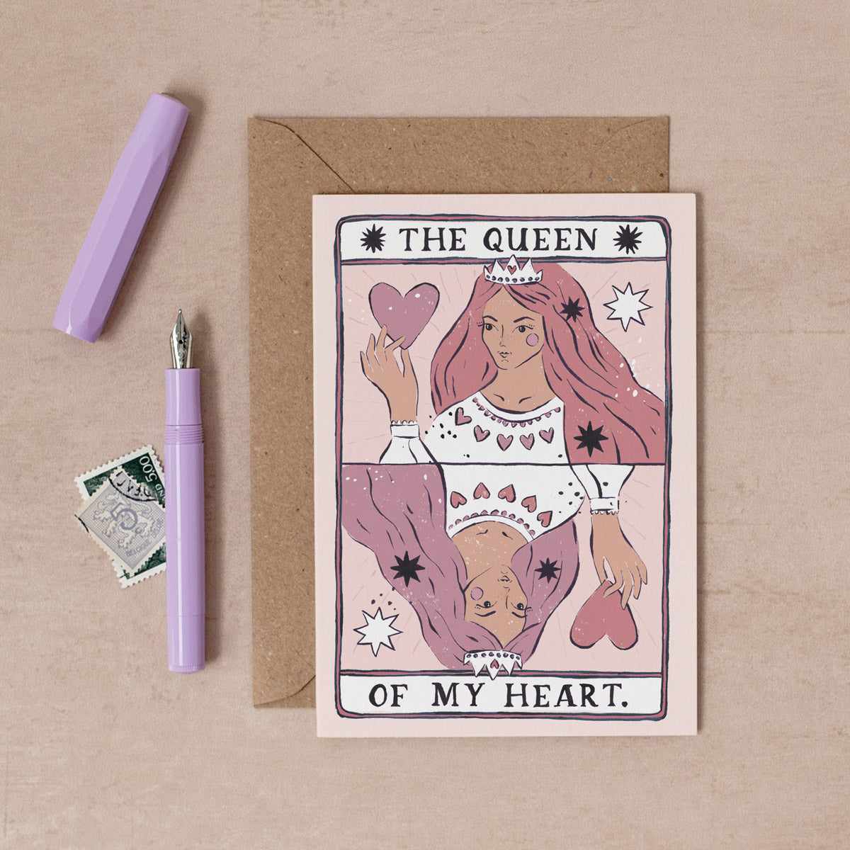 The Queen of Hearts features on this illustrated Love and Anniversary card inspired by the Tarot. From the love and occasion collection at Sister Paper Co.