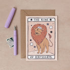 The King Of Birthdays card from the Tarot collection at Sister Paper Co features a king lion.