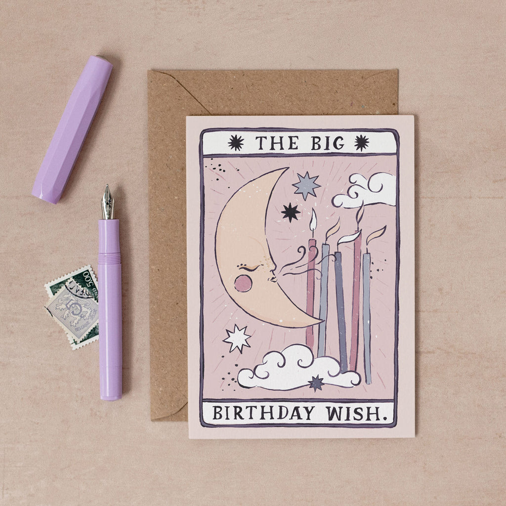 The Big Birthday Wish card from the Tarot collection at Sister Paper Co features a crescent moon and candles.
