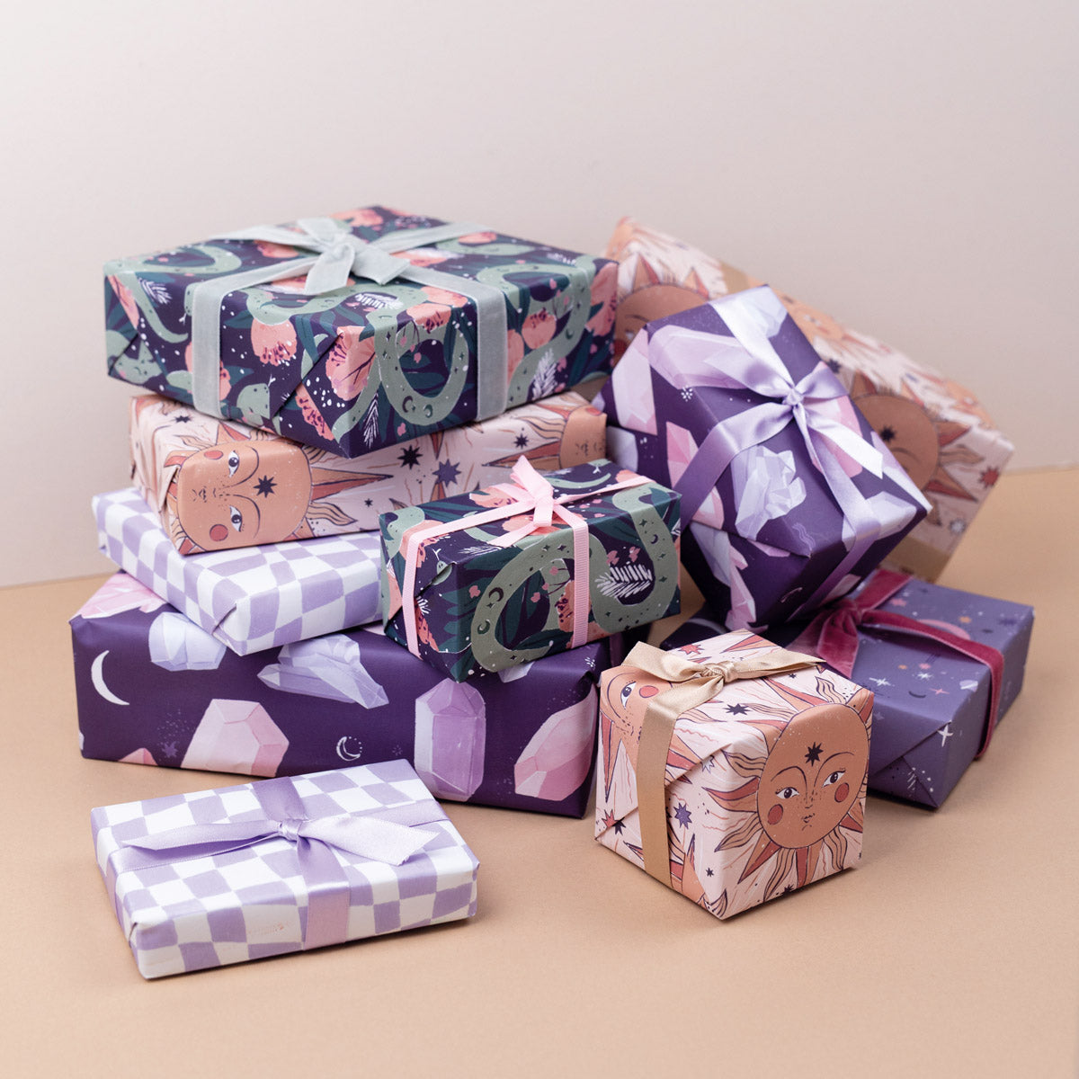 Luxury wrapping paper on wrapped gifts